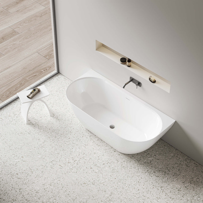 Top-down view of Ellips 1700mm gloss white acrylic bathtub by Tilemall showing oval shape and overflow detail