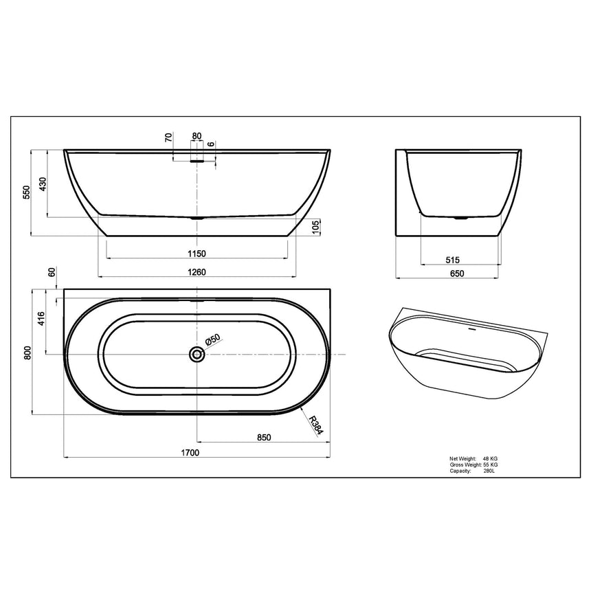 Lukka Back to Wall Bath technical dimensions diagram for Ellips 1700mm back-to-wall acrylic bathtub by Tilemall