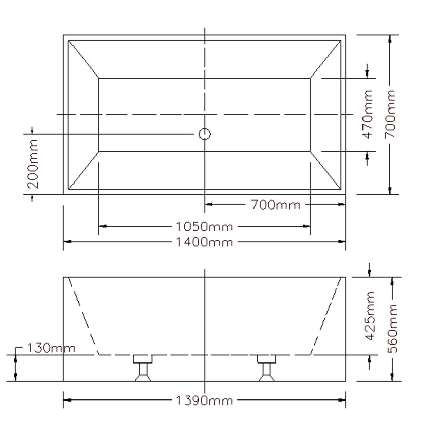 Technical dimensions diagram for Kliff Multifit 1400mm freestanding bathtub showing length, width and height specifications by Tilemall