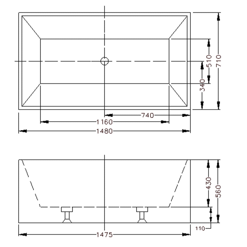 Technical dimensions diagram for Kliff Multifit 1480mm freestanding bathtub showing depth, width and overflow placement by Tilemall