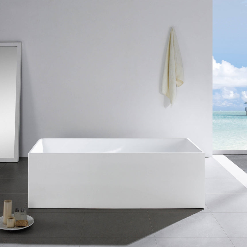 1690x800mm Kliff Multifit gloss white freestanding bath installed in modern bathroom interior with dark floor tiles by Tilemall