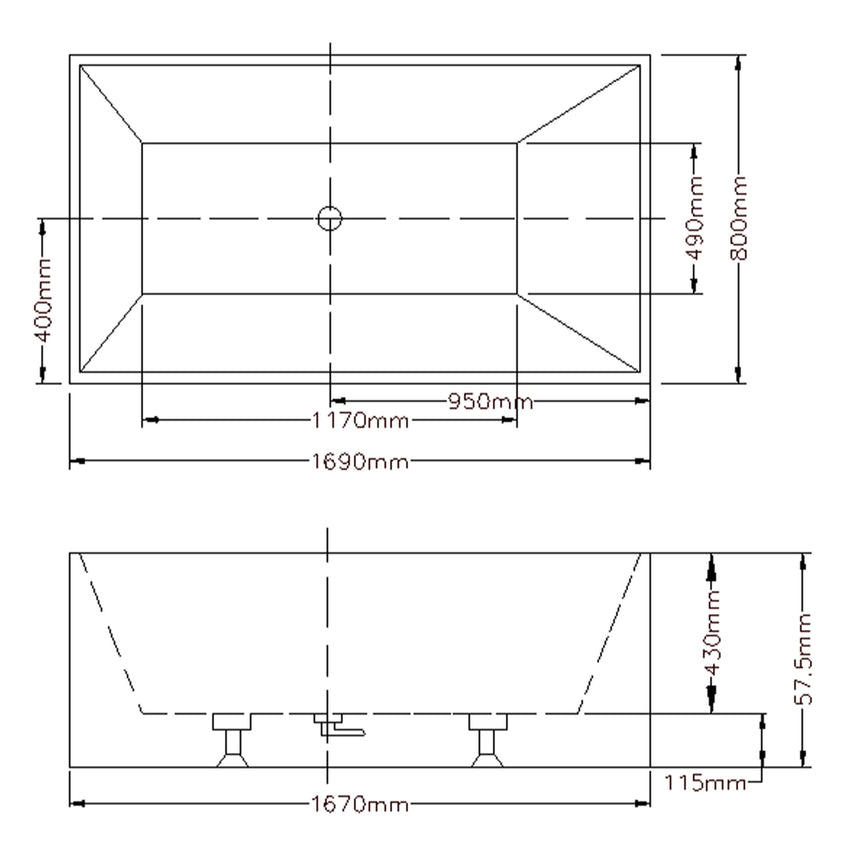 Technical dimensions diagram for Kliff Multifit 1690mm freestanding bathtub showing length, width and height specifications by Tilemall
