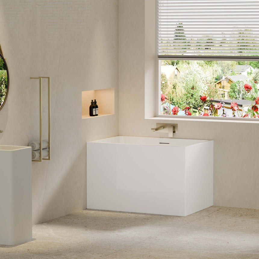 Lukka Back to Wall Bath crete Multifit 1000mm gloss white freestanding bath by Tilemall, side view in ensuite