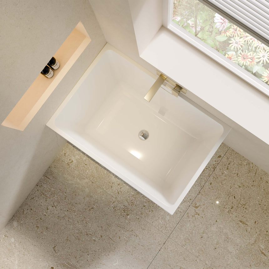 Lukka Back to Wall Bath top-down view of Crete Multifit 1000mm gloss white bathtub showing overflow aperture by Tilemall