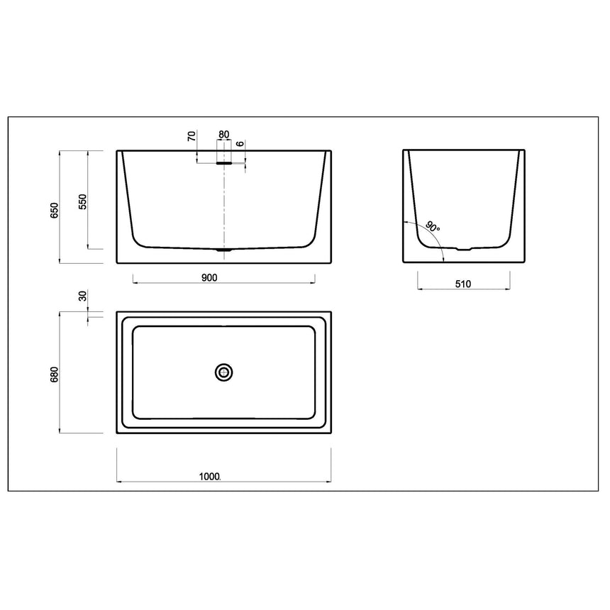 Lukka Back to Wall Bath technical dimensions diagram for Crete Multifit 1000mm freestanding bathtub by Tilemall