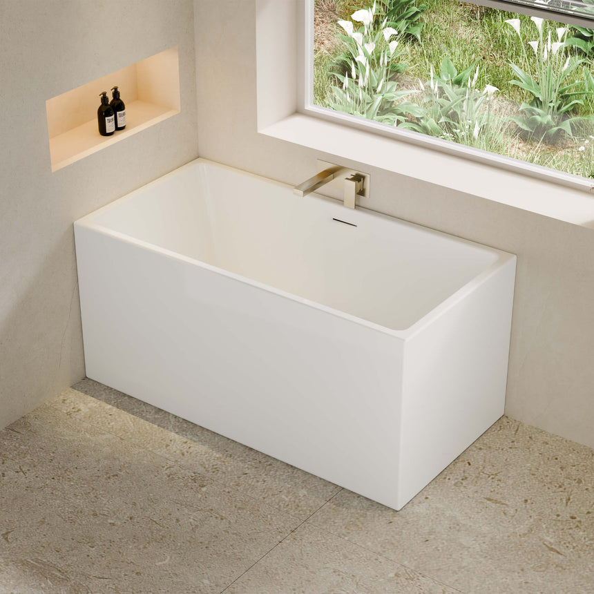 Crete freestanding acrylic bathtub by Tilemall in gloss white, 1300mm, rectangular with overflow and brass wall tap