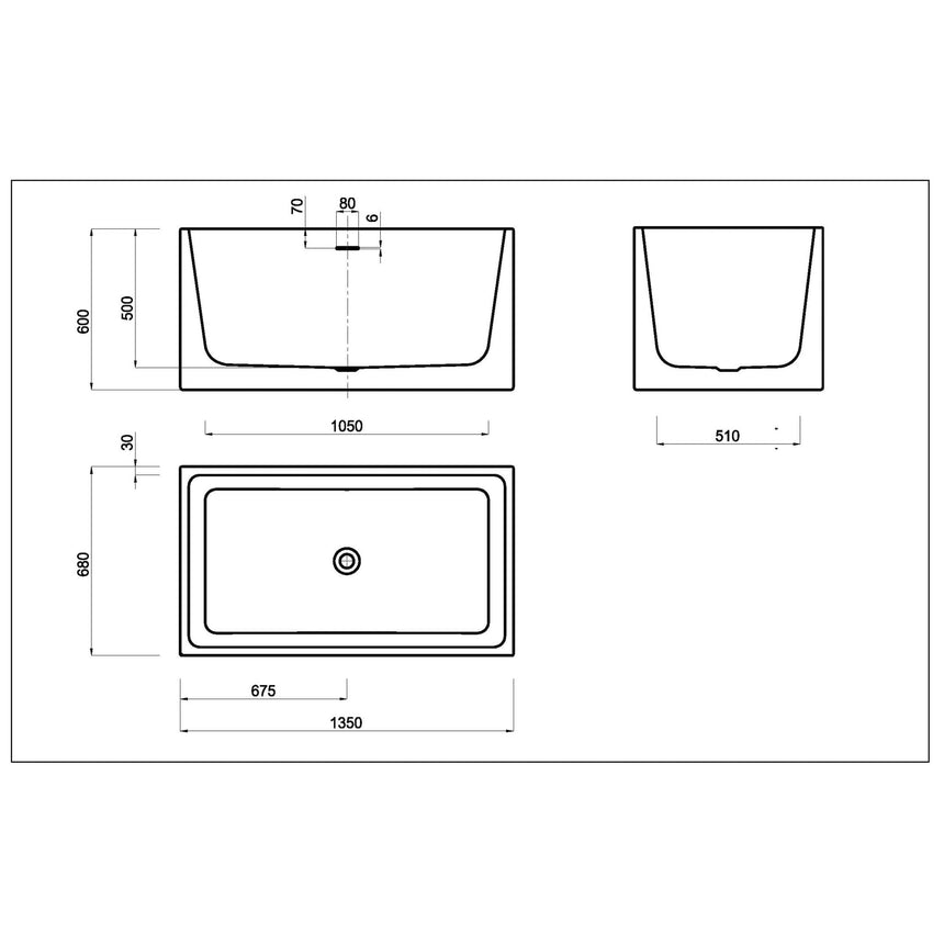 Lukka Back to Wall Bath technical dimensions diagram for Crete 1300mm freestanding bathtub by Tilemall with specifications