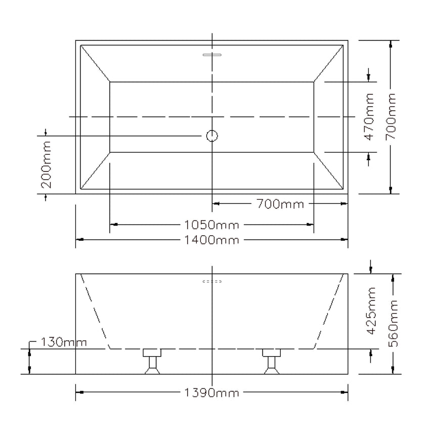 Technical dimensions diagram for Kliff Multifit 1400mm bathtub showing 700mm bowl width and 470mm height by Tilemall