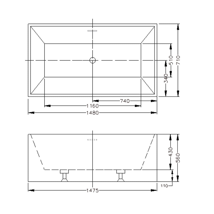 Lukka Back to Wall Bath technical dimensions diagram for Kliff Multifit 1480mm freestanding bath showing top and side views by Tilemall