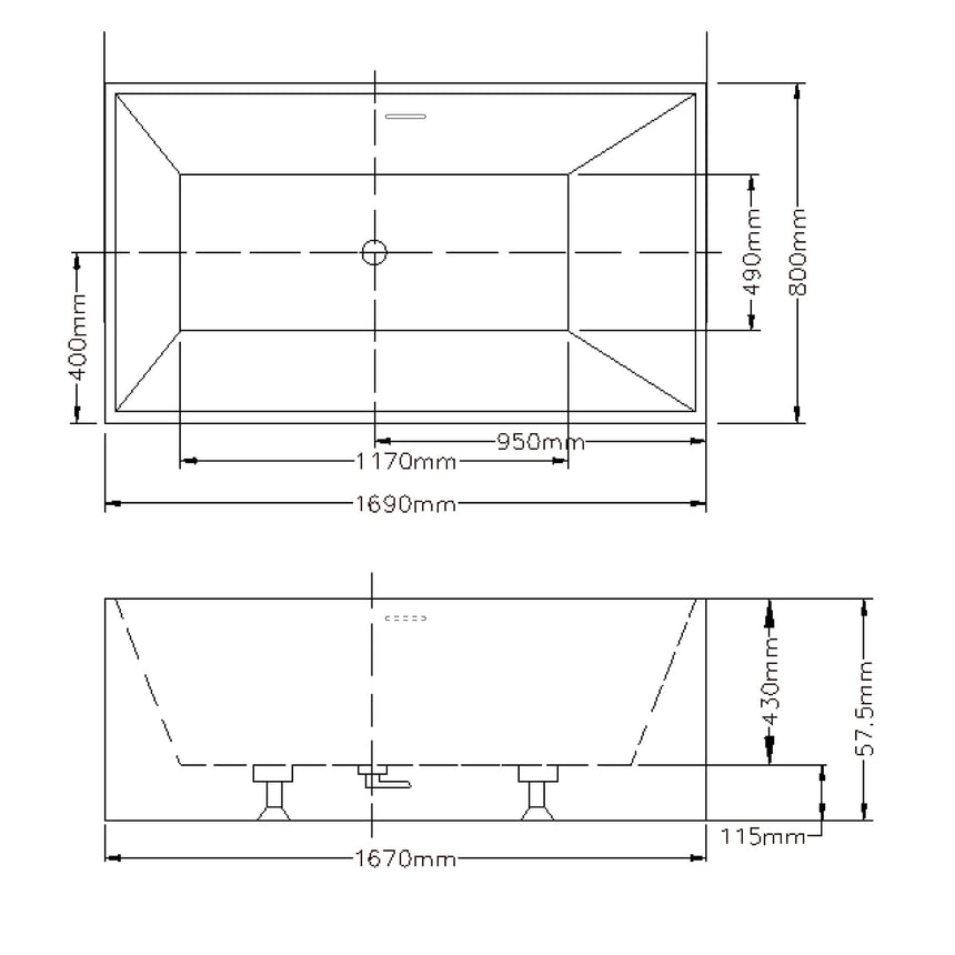 Lukka Back to Wall Bath technical dimensions diagram for Kliff Multifit 1690mm freestanding bath with overflow specifications by Tilemall