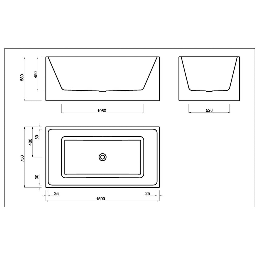 Lukka Back to Wall Bath technical dimensions diagram for Crete Multifit 1500mm freestanding bathtub by Tilemall