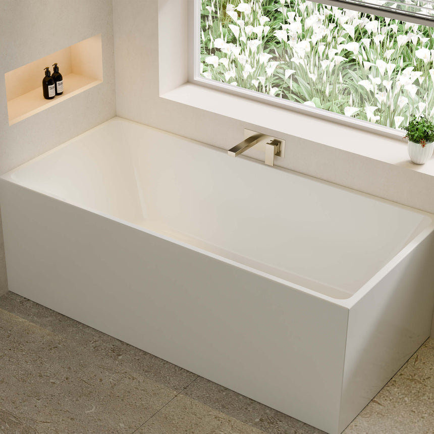 1700x800mm Crete Multifit gloss white freestanding bath showing interior bowl shape and wall-mounted tap by Tilemall