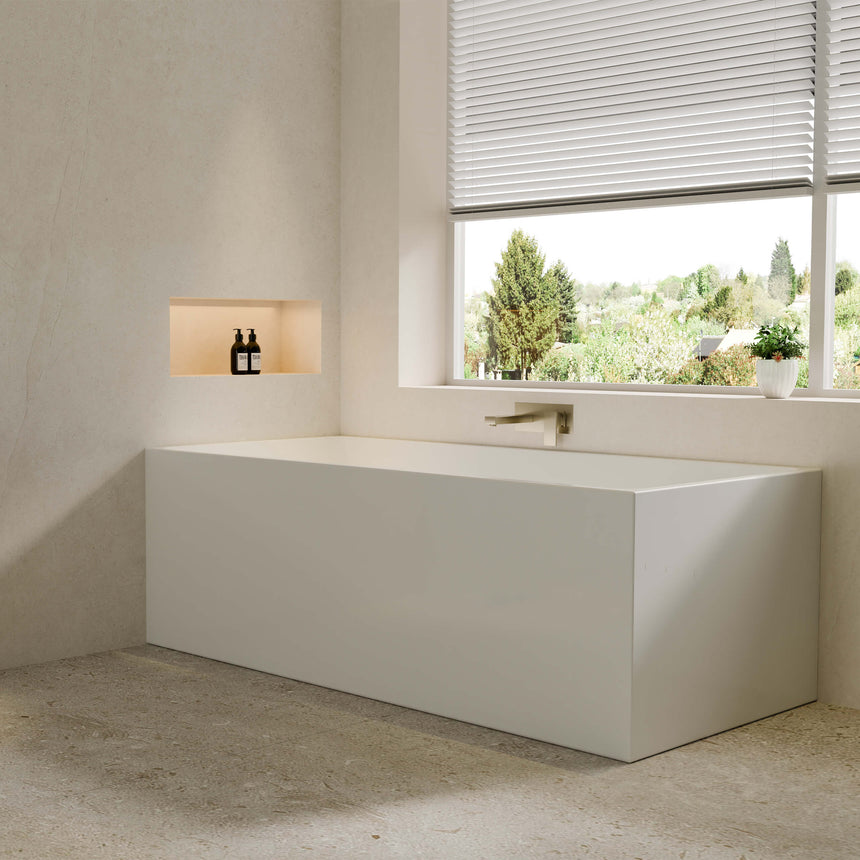 Lukka Back to Wall Bath crete Multifit 1700mm freestanding acrylic bathtub by Tilemall, gloss white, side profile view