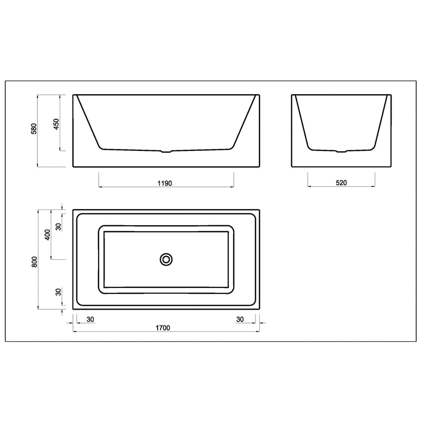 Technical dimensions diagram for Crete Multifit 1700mm freestanding bathtub, 800mm height, showing plan and section views by Tilemall