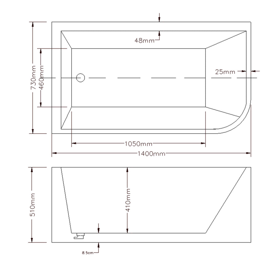 Lukka Corner Bath technical dimensions diagram for Clayton 1400mm freestanding corner bathtub by Tilemall