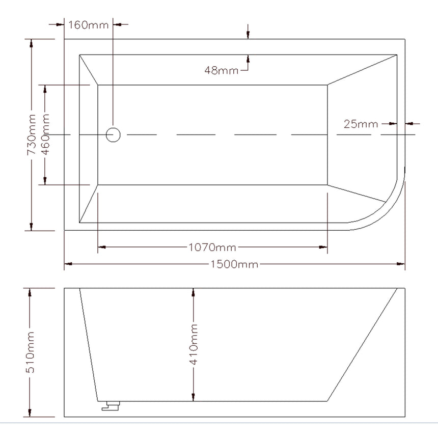 Technical dimensions diagram for Clayton Lukka Corner Bath 1500mm freestanding bathtub with left corner design by Tilemall
