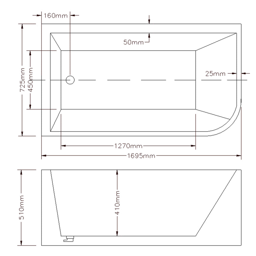Technical dimensions diagram for Clayton Lukka Corner Bath 1700mm freestanding bathtub by Tilemall