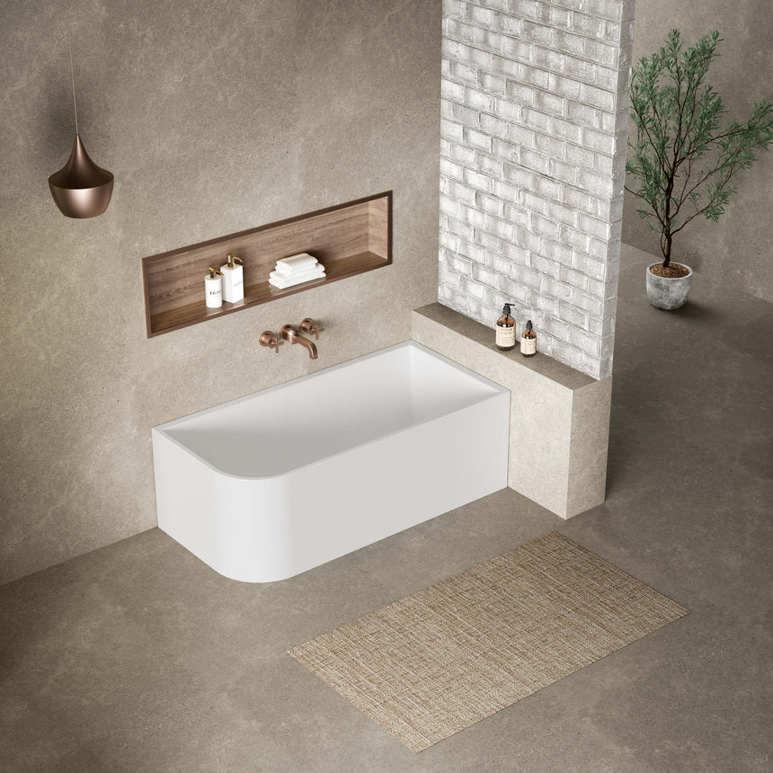 Clayton right corner freestanding acrylic bathtub by Tilemall, gloss white 1400mm, installed in modern bathroom