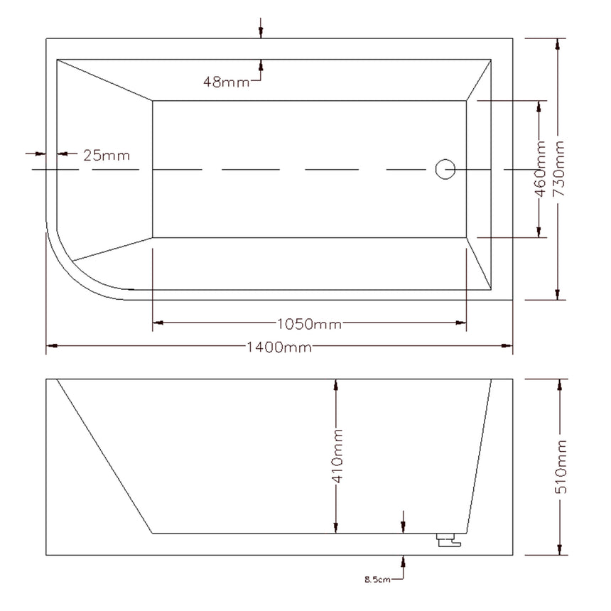 Technical dimensions diagram for Clayton 1400mm corner bathtub showing 1050mm interior length and 750mm height by Tilemall