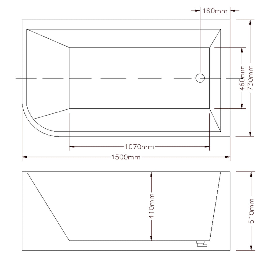 Technical dimensions diagram for Clayton 1500mm freestanding Lukka corner bath, right corner overflow by Tilemall
