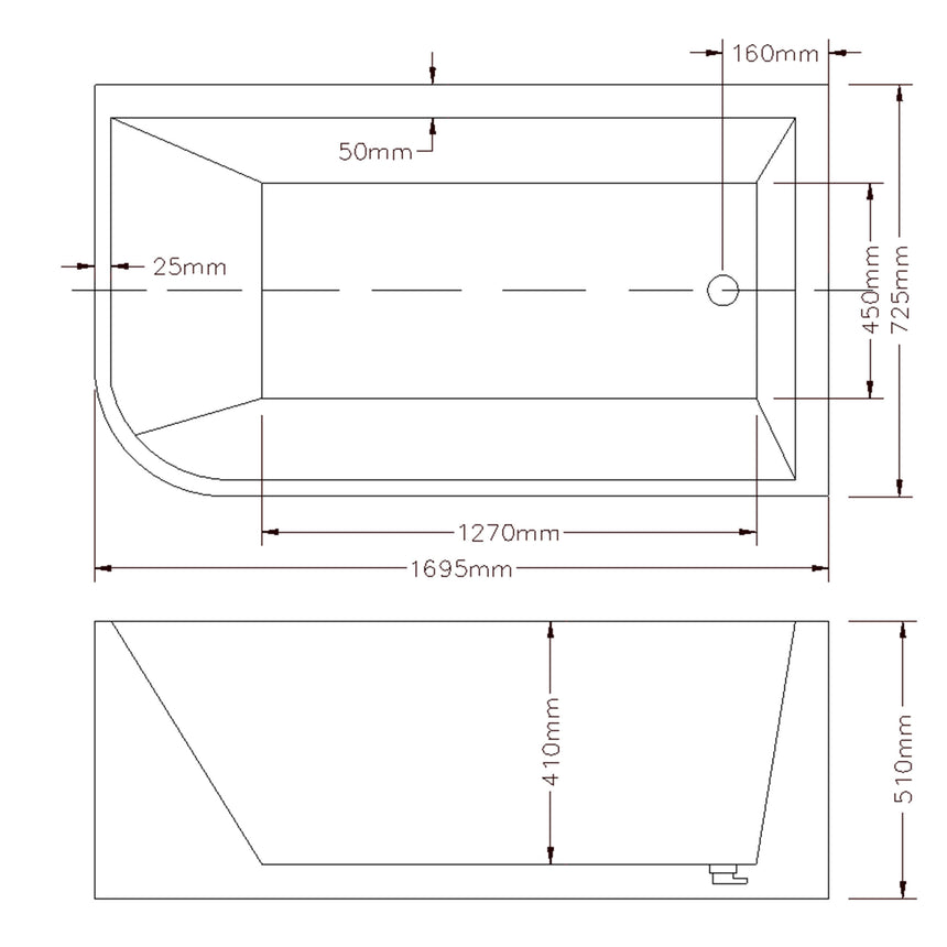 Technical dimensions diagram for Clayton 1700mm right corner freestanding bathtub, 1695mm width, 725mm depth by Tilemall