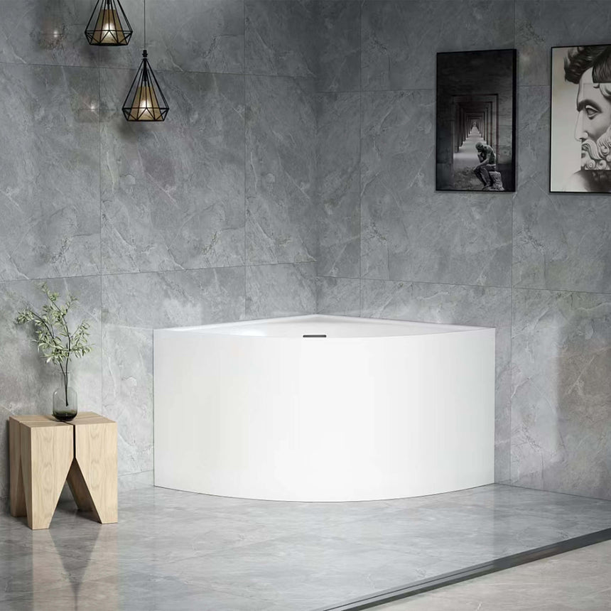 Lukka bingie corner mini acrylic skirt bath by Tilemall in gloss white, freestanding 1000mm with curved skirt panel