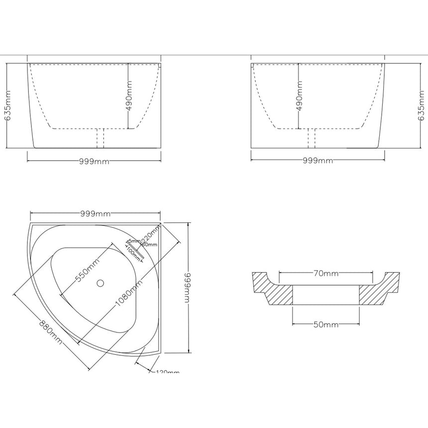 Lukka technical dimensions diagram for Bingie corner mini bath 1000mm, 635mm height, 490mm depth, skirt panel detail by Tilemall