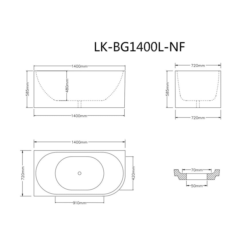 Technical dimensions diagram for Bingie Lukka Corner Bath LK-BG1400L-NF, 1400mm x 720mm x 585mm by Tilemall