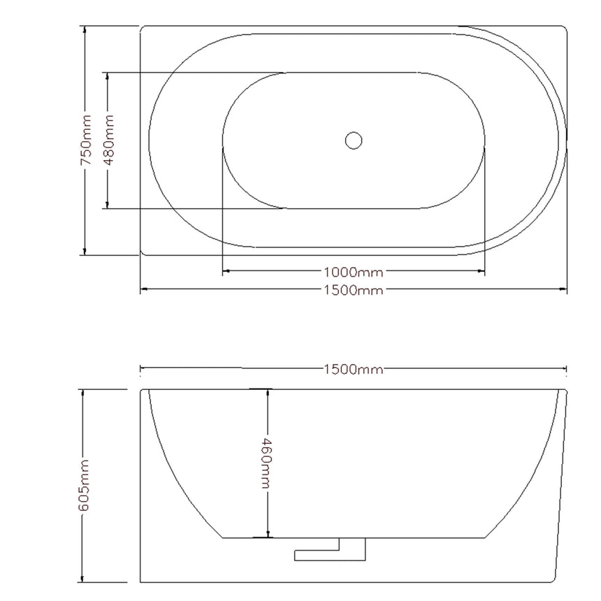 Technical dimensions diagram for Bingie Lukka Corner Bath 1500mm, showing 750mm depth and 600mm height by Tilemall
