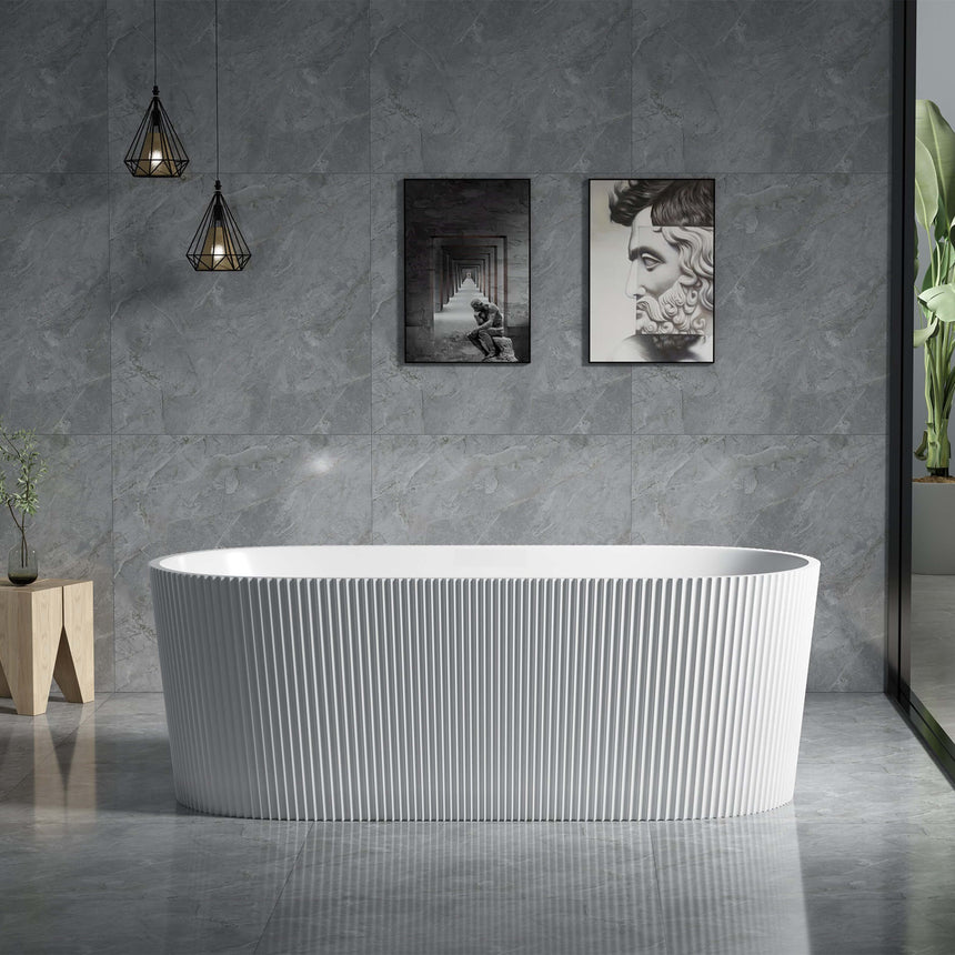 Lukka Freestanding bath 1500x750mm agena freestanding bathtub installed in modern bathroom interior with grey tile walls by Tilemall