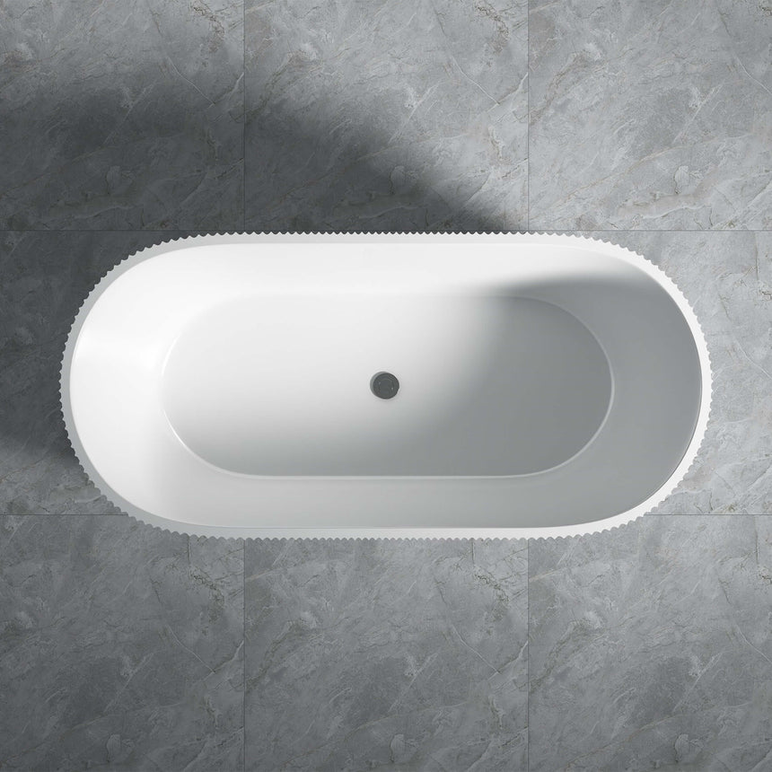 Lukka Freestanding bath overhead view of Agena 1500mm freestanding bathtub with fluted exterior and centre overflow by Tilemall