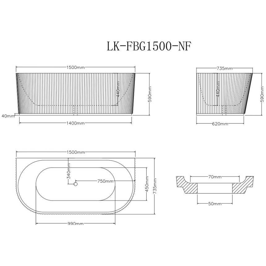 Lukka Back to Wall Bath technical dimensions diagram for LK-FBG1500-NF Bingie bathtub 1500mm x 735mm x 590mm by Tilemall
