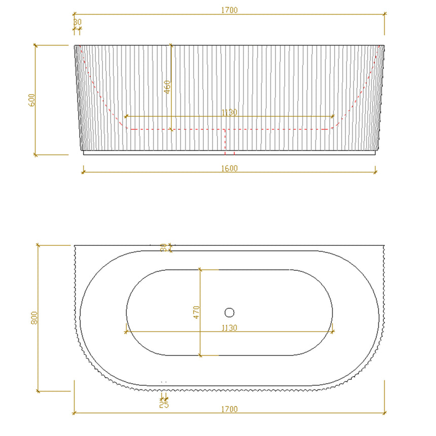 Lukka technical dimensions diagram for Bingie 1700mm back-to-wall bath, 600mm height, 800mm internal width by Tilemall