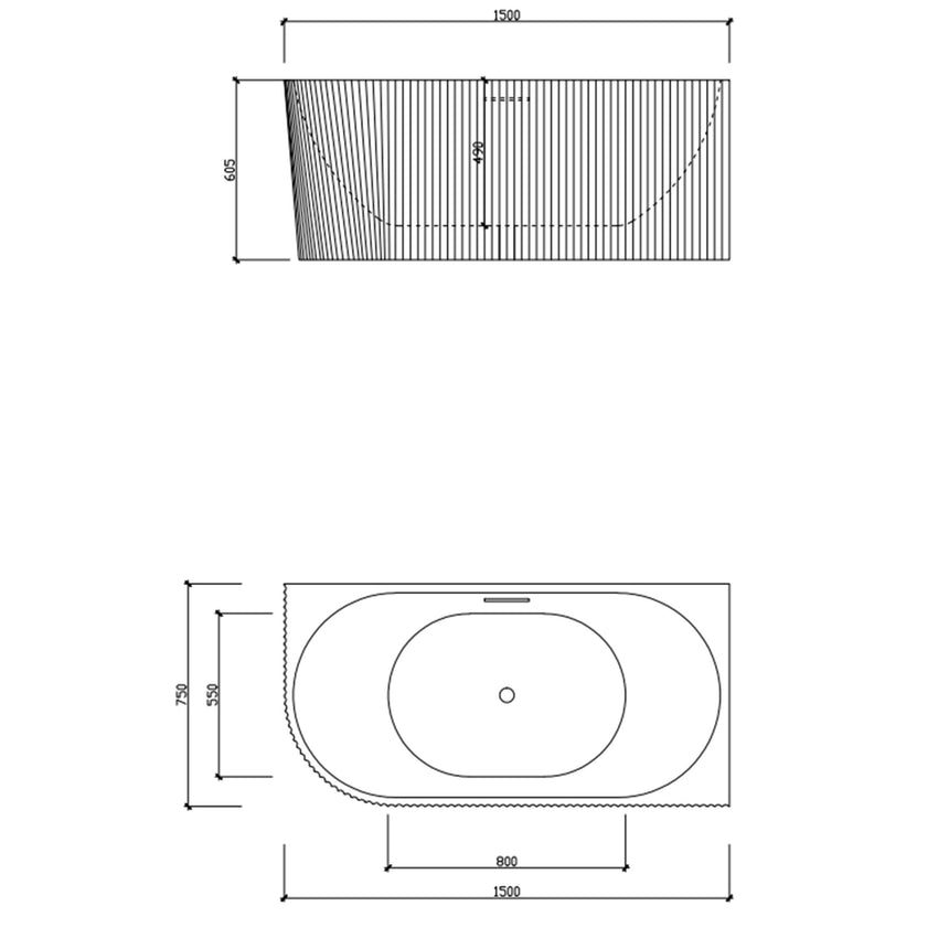 Technical dimensions diagram for Bingie Lukka Corner Bath 1500mm x 750mm with fluted skirt design by Tilemall