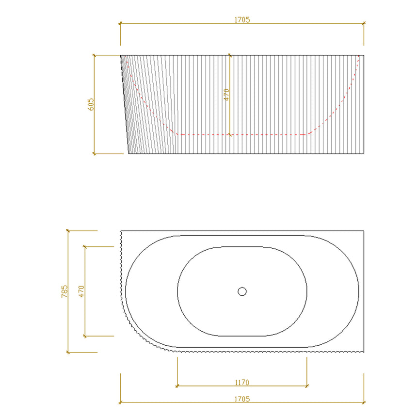 Technical dimensions diagram for Bingie Lukka corner bath: 1705mm x 785mm with 1170mm water line by Tilemall