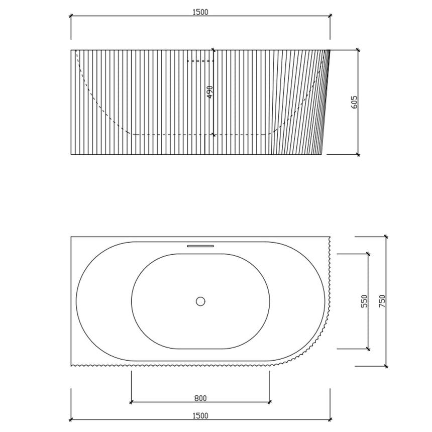 Technical dimensions diagram for Bingie Lukka Corner Bath: 1500mm length, 605mm height, fluted panel design by Tilemall