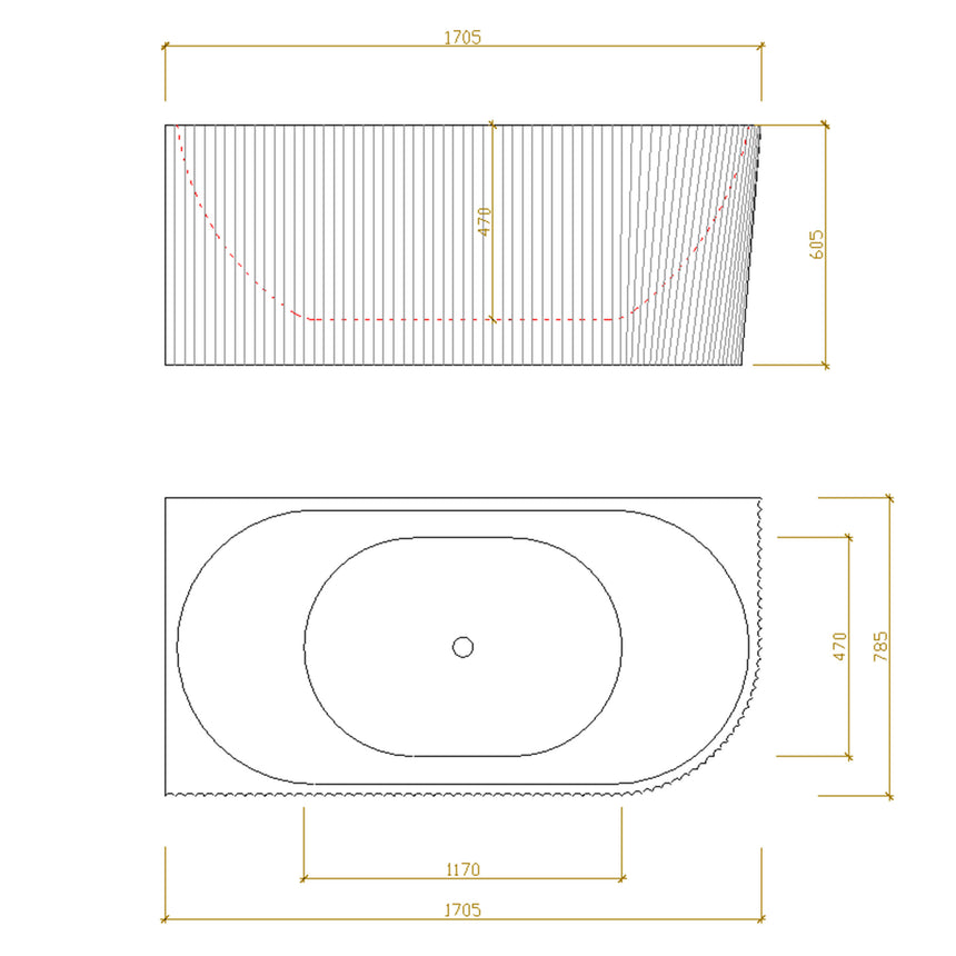 Technical dimensions diagram for Bingie Lukka Corner Bath 1705mm width, 785mm depth, fluted skirt design by Tilemall