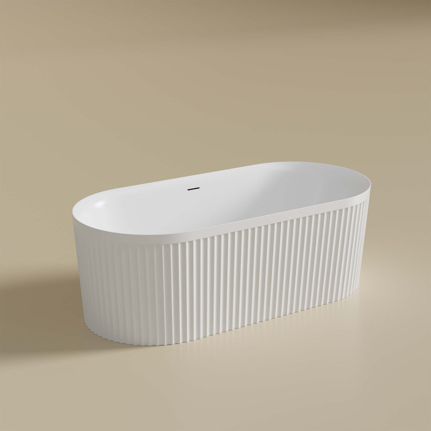 Lukka 1500x750mm florence freestanding oval acrylic bath by Tilemall, matte white, fluted panel detail