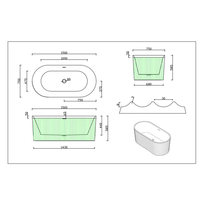 Technical dimensions diagram for Florence 1500mm Lukka freestanding bath with fluted design by Tilemall