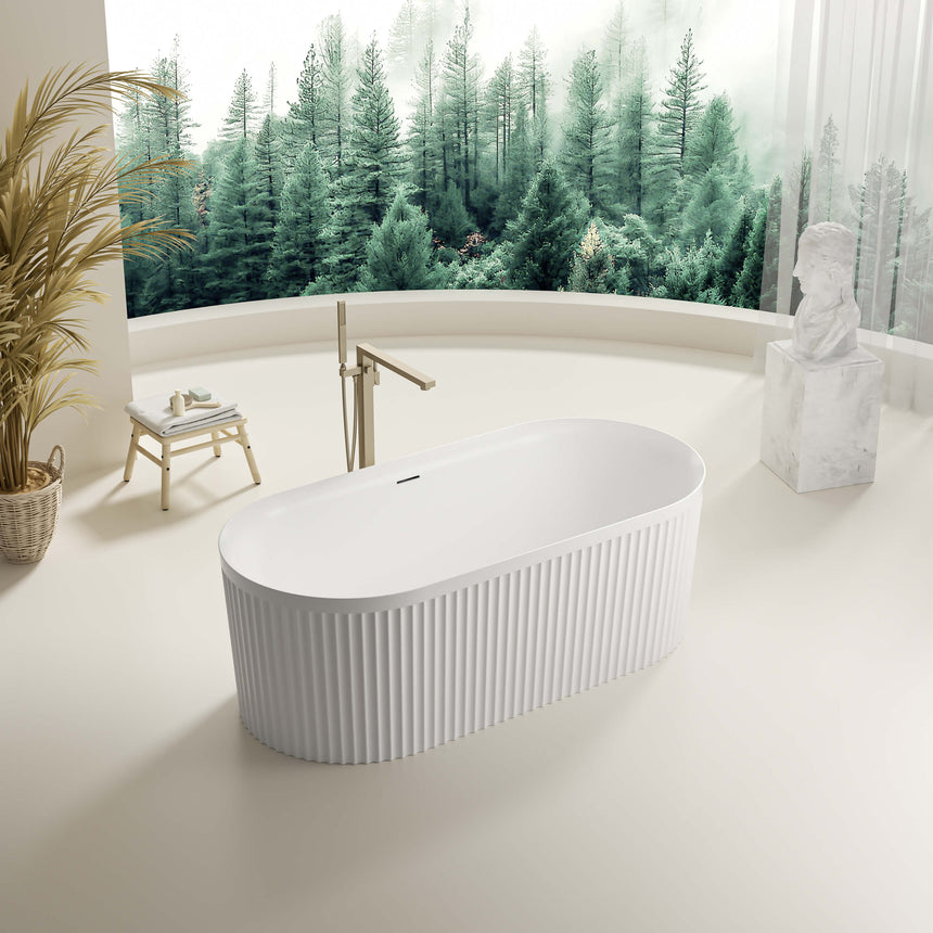 Florence 1700mm freestanding acrylic bathtub by Tilemall with fluted exterior in gloss white, oval shape