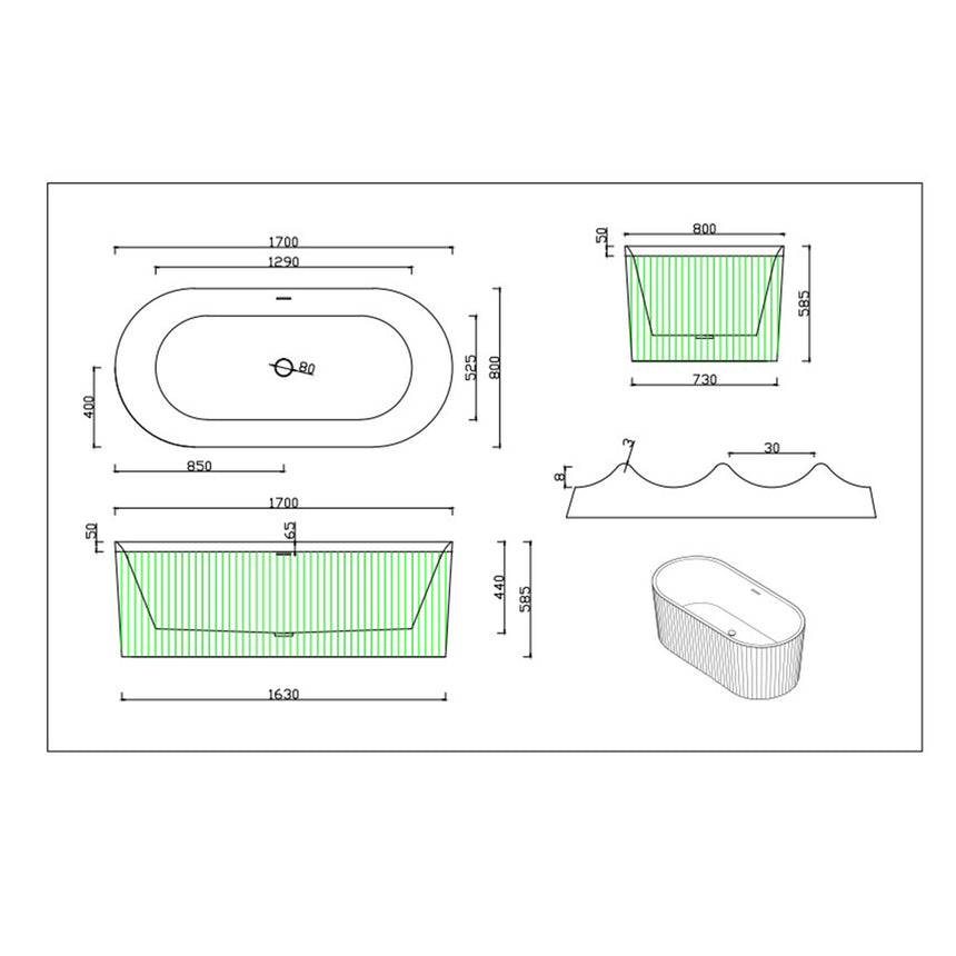 Technical dimensions diagram for Florence 1700mm freestanding bathtub showing fluted exterior and specifications by Tilemall