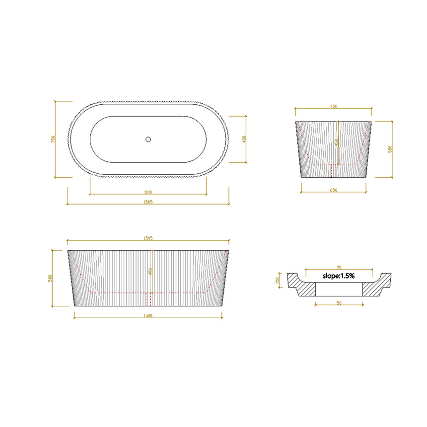 Lukka Freestanding bath technical dimensions diagram for Agena LK 1500mm freestanding bathtub with fluted design and overflow by Tilemall
