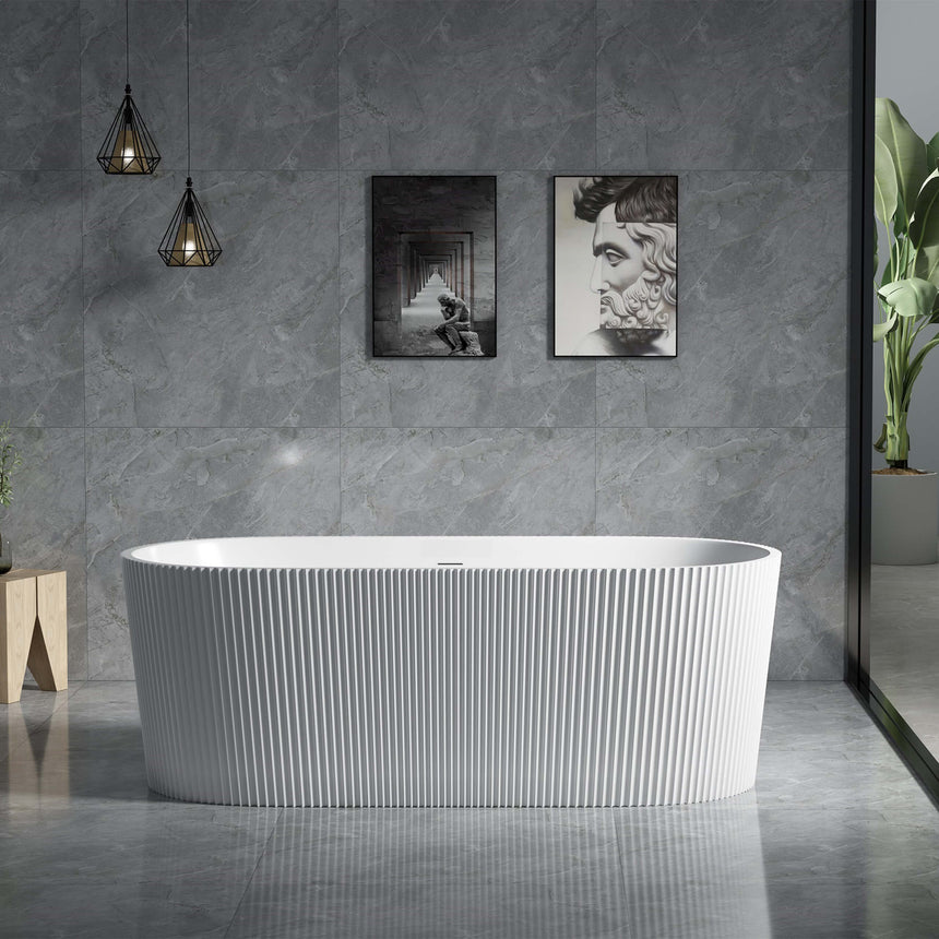 Agena fluted acrylic Lukka freestanding bath by Tilemall, 1700mm, matte white with overflow