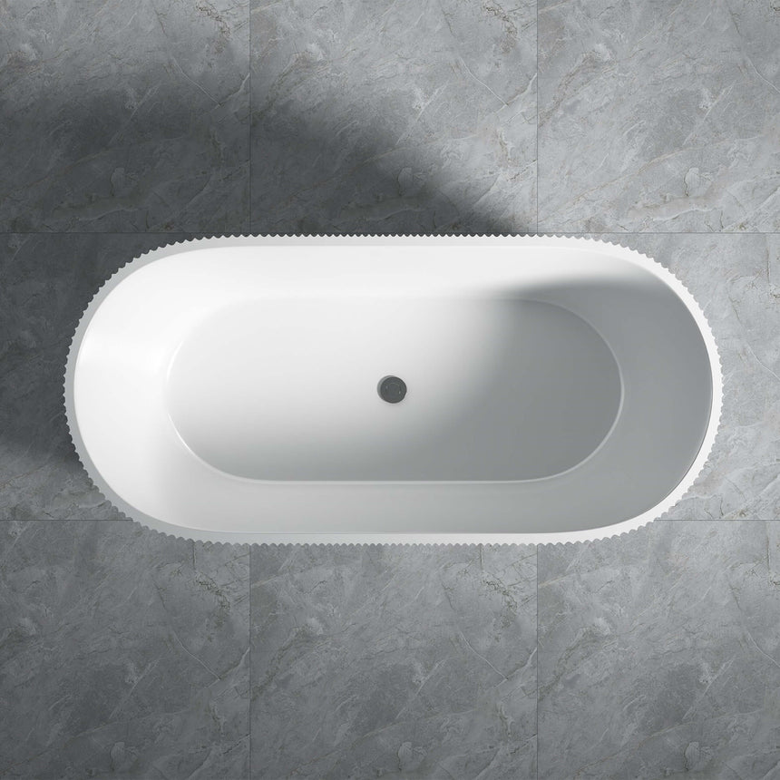 Overhead 1700x805mm view of Agena bath showing oval shape, fluted exterior detail and centre overflow hole by Tilemall