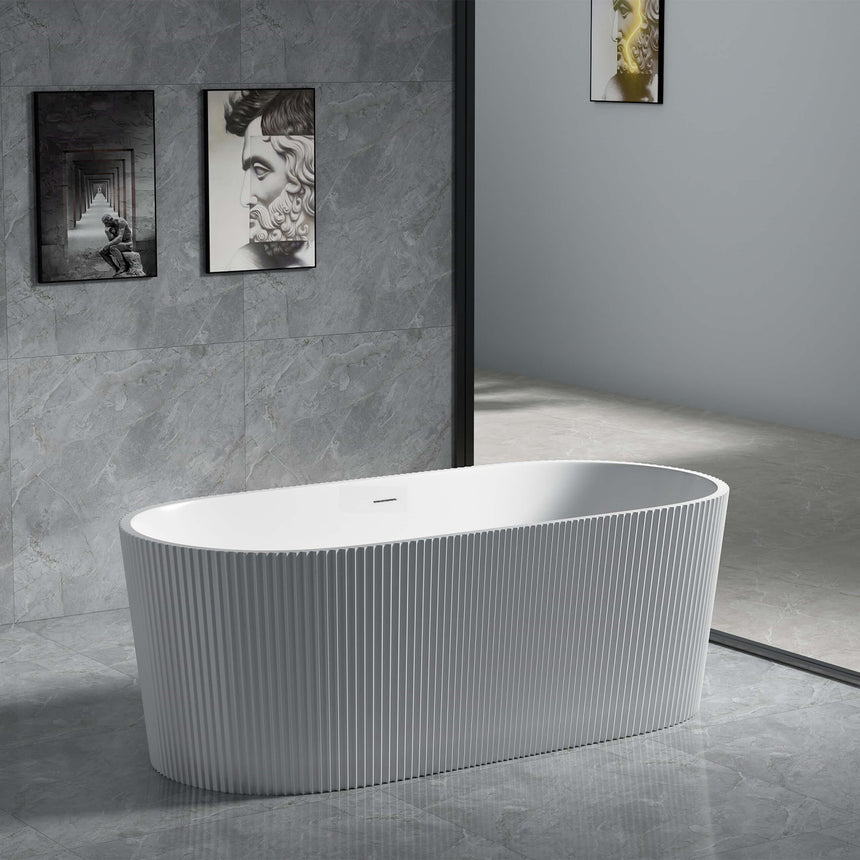 Lukka 1700x805mm agena bath in modern bathroom setting, angled view of freestanding installation with fluted sides by Tilemall
