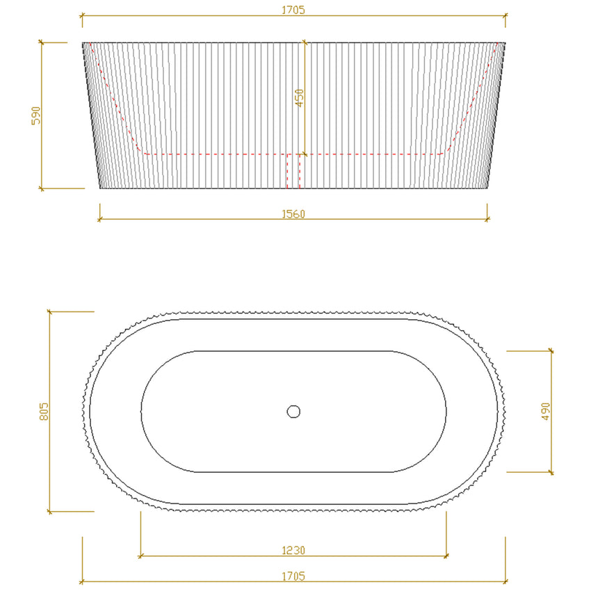 Technical dimensions diagram for Agena 1700mm Lukka freestanding bath showing side profile and top view measurements by Tilemall