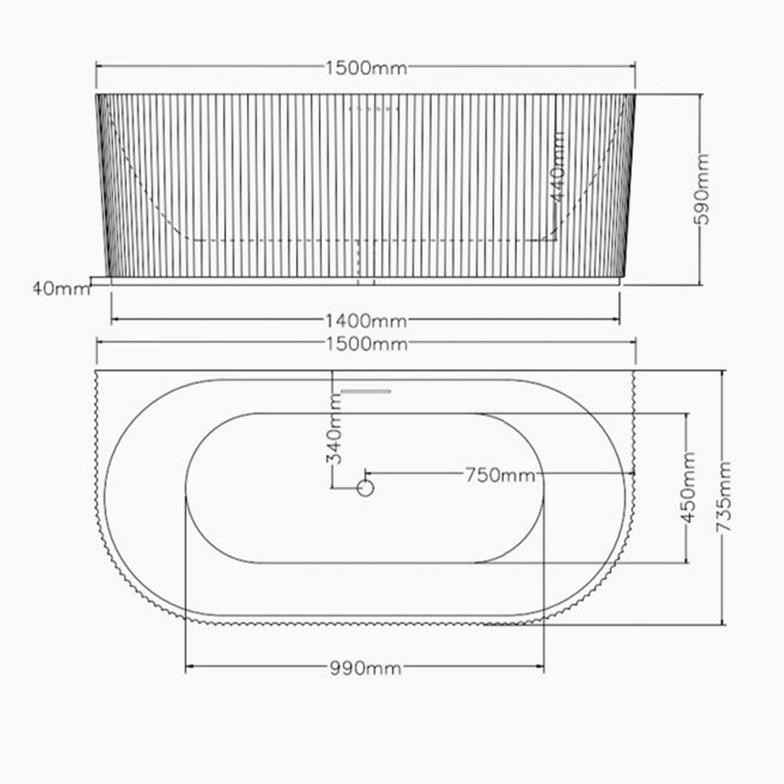 Lukka technical dimensions diagram for Bingie 1500mm back-to-wall bath showing 590mm height and fluted skirt profile by Tilemall