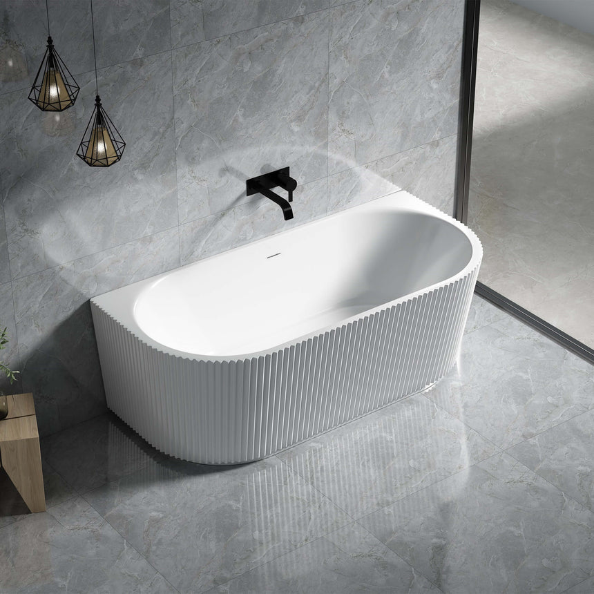 Lukka Back to Wall Bath bingie fluted back-to-wall acrylic bathtub by Tilemall in gloss white, 1700mm, installed