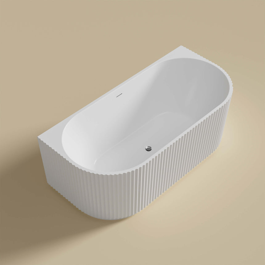 Bingie 1700x800mm back-to-wall bathtub by Tilemall showing overflow drain detail on gloss white acrylic side