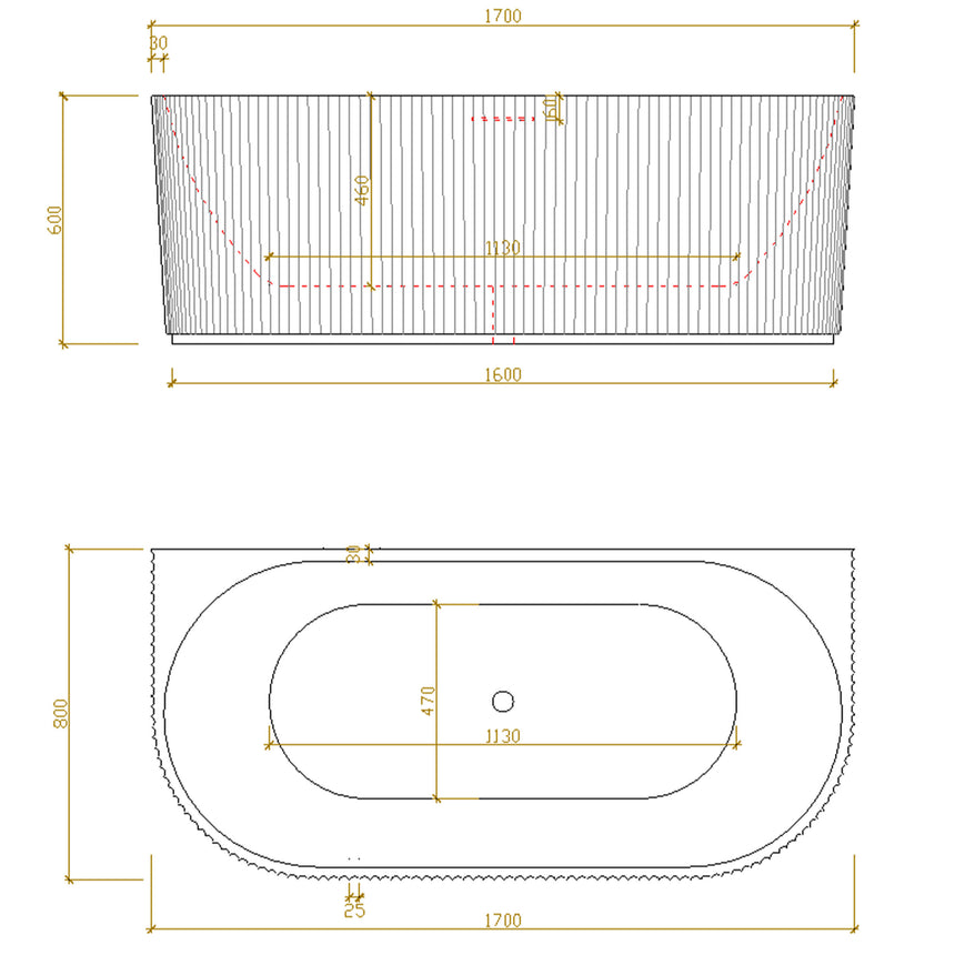 Lukka Back to Wall Bath technical dimensions diagram for Bingie 1700mm back-to-wall bathtub with fluted skirt and overflow by Tilemall